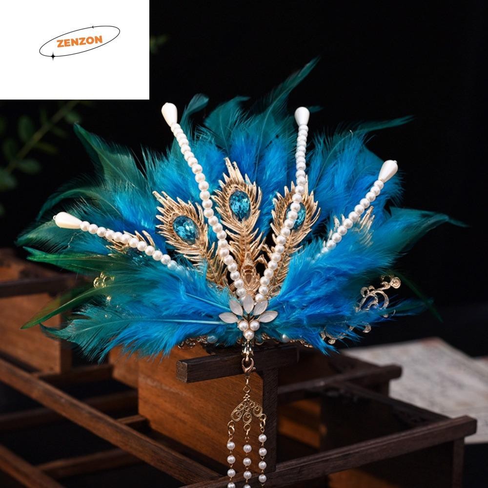 Vương Miện Tóc Hanfu ZENZON, Trang Sức Cổ Tích Kim Cương Giả Phoenix Coronet, Tua Rua Thanh Lịch Dân Tộc Vintage Peri Feather Tiara Bé Trai / Bé Gái
