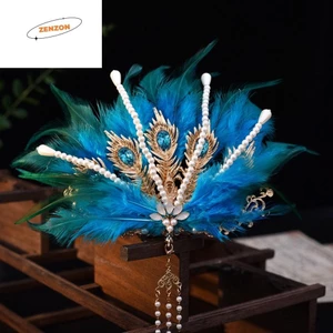 Vương Miện Tóc Hanfu ZENZON, Trang Sức Cổ Tích Kim Cương Giả Phoenix Coronet, Tua Rua Thanh Lịch Dân Tộc Vintage Peri Feather Tiara Bé Trai / Bé Gái