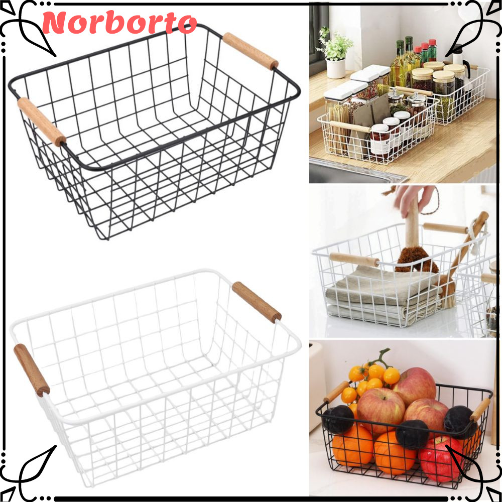 Giỏ đựng đồ để bàn NORBORTO, Giỏ có dây sắt hình chữ nhật bằng kim loại, Di động có tay cầm bằng gỗ Dung tích lớn Giá đỡ đồ ăn nhẹ trái cây rau đen màu trắng cho phòng tắm nhà bếp