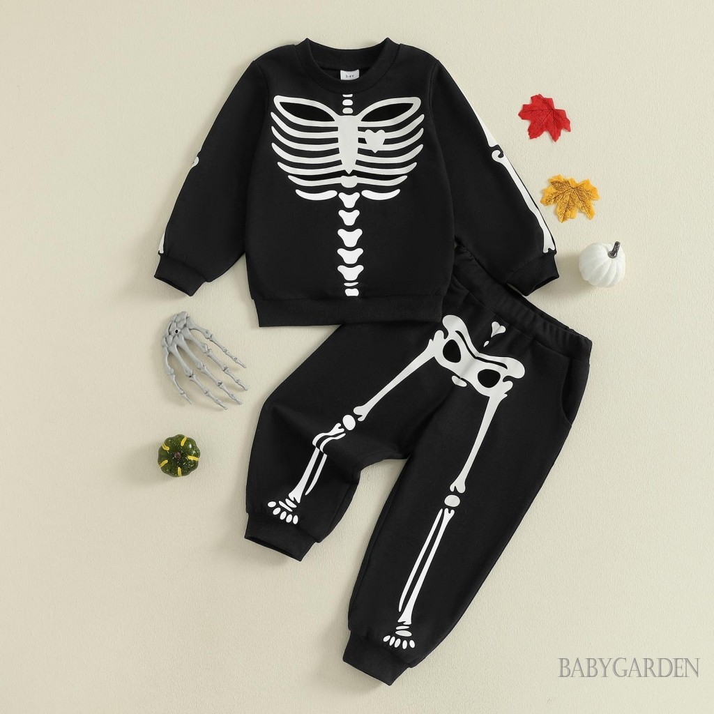 1-7 Tuổi Trẻ Em Bé Gái Bé Trai Trang Phục Halloween In Hình Bộ Xương Dài Tay Cổ Tròn Chui Đầu + Quần Eo Co Giãn 2 Chiếc Bộ