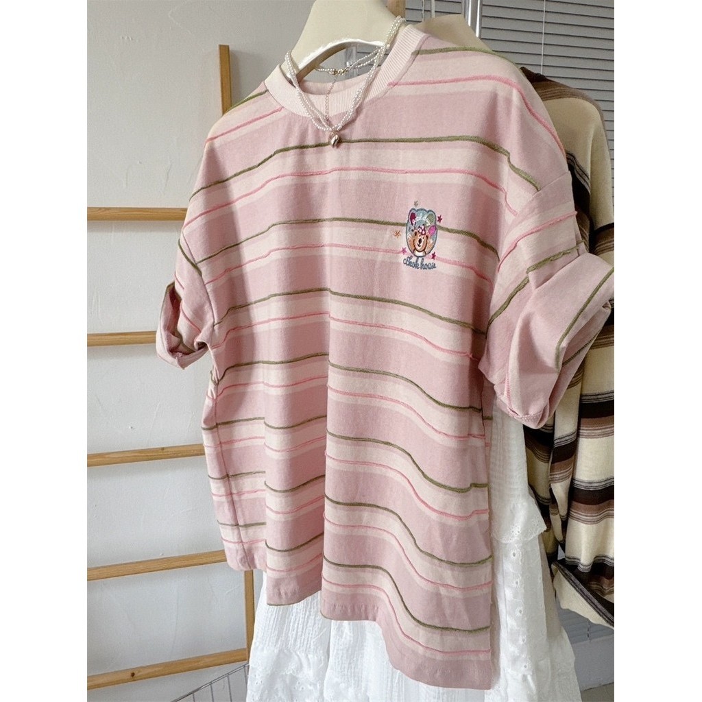 SUXI Áo thun Cotton sọc màu hồng Áo thun nữ tay ngắn thêu