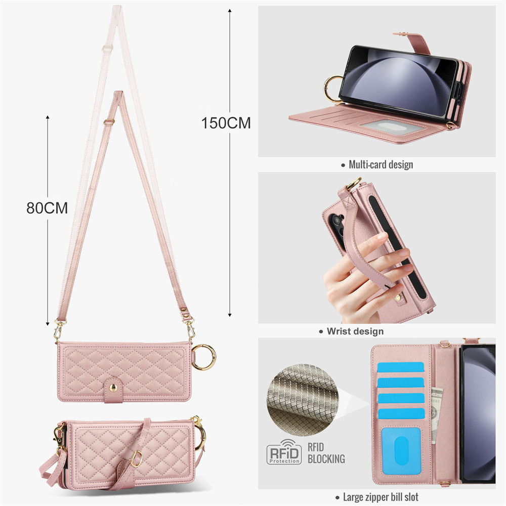 Khe cắm thẻ chặn RFID Vỏ da có hộp đựng bút cho Samsung Galaxy Z Fold 6 5 4 3 5G Vỏ điện thoại ví đeo chéo (Không có bút)