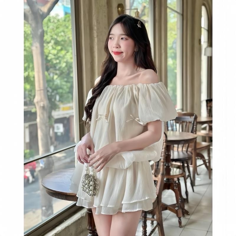 Áo Trễ Vai Tơ Xốp Bèo 2 Tầng Tay Phồng Bí Ngô