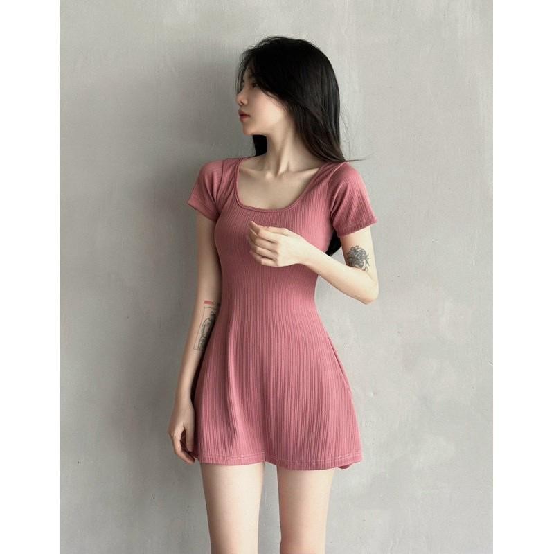 Đầm nữ tay ngắn cổ vuông dáng xòe nhẹ chất thun gân trung mềm mịn phong cách basic - D01