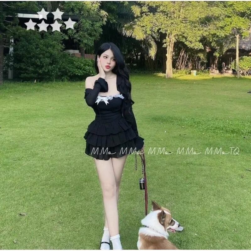 SÉT ÁO CÚP NGỰC NƠ REN XINH PHỐI CHÂN VÁY TẦNG KÈM ÁO KHOÁC NGOÀI