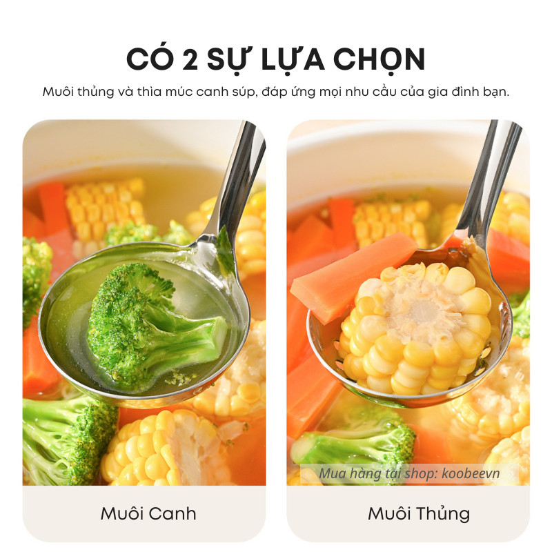 Muôi Canh, Muôi Lỗ Inox 304 KOOBEE Cán Dài 28cm – Lòng Sâu, Đuôi Cong Treo Tiện, Sáng Bóng Không Gỉ | 141