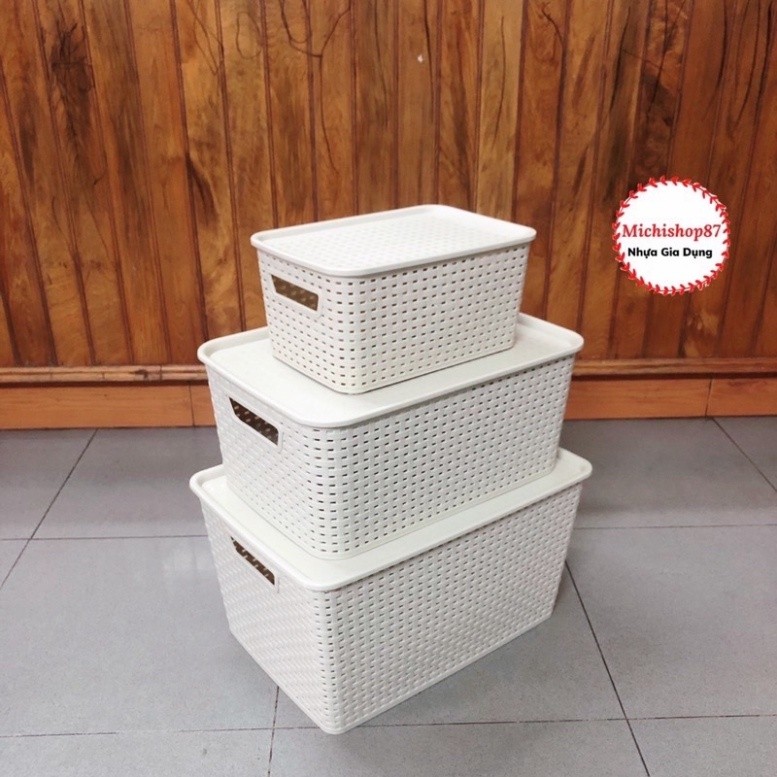 Giỏ đựng đồ giả mây có nắp phong cách Hàn Quốc/ Việt Nhật, thùng nhựa đủ size nhiều màu