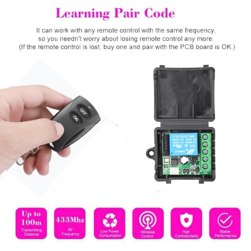 Công tắc điều khiển từ xa không dây đa năng 433 Mhz Đèn xe máy Điều khiển ánh sáng ô tô DC 12V 1CH Mô-đun thu rơle và Bộ phát RF Khóa điện tử Diy