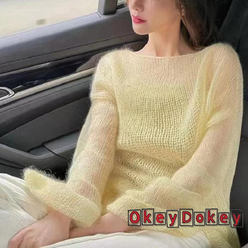 Okdk-nữ Mùa Hè Nhẹ Dệt Kim Áo Màu Trơn Dài Tay Muỗng Cổ Rỗng Ra Sheer Áo Len