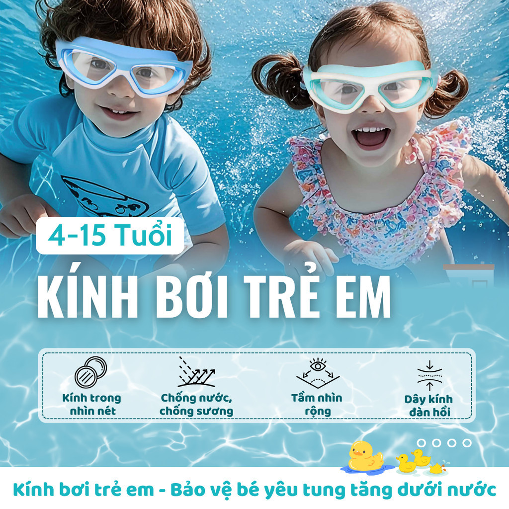 Kính bơi trẻ em từ 3-15 tuổi, silicon cao cấp, có nút bịt tai, chống nước và chống sương mù HD