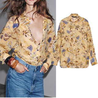 Áo Sơ mi Zara made in Morocco hoa lá tone be vàng