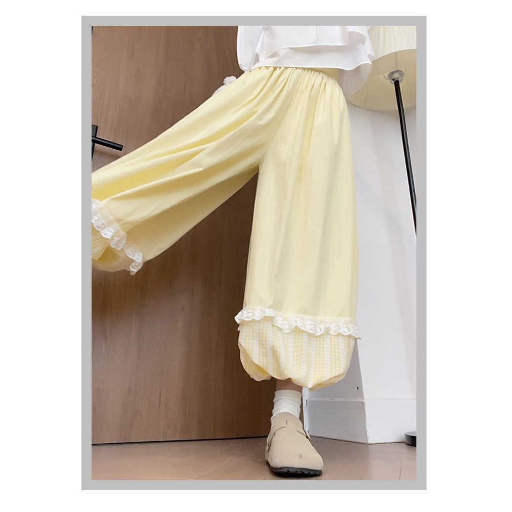 Váy culottes nữ màu vàng năm 2025 với ren bloomers eo cao và ống rộng