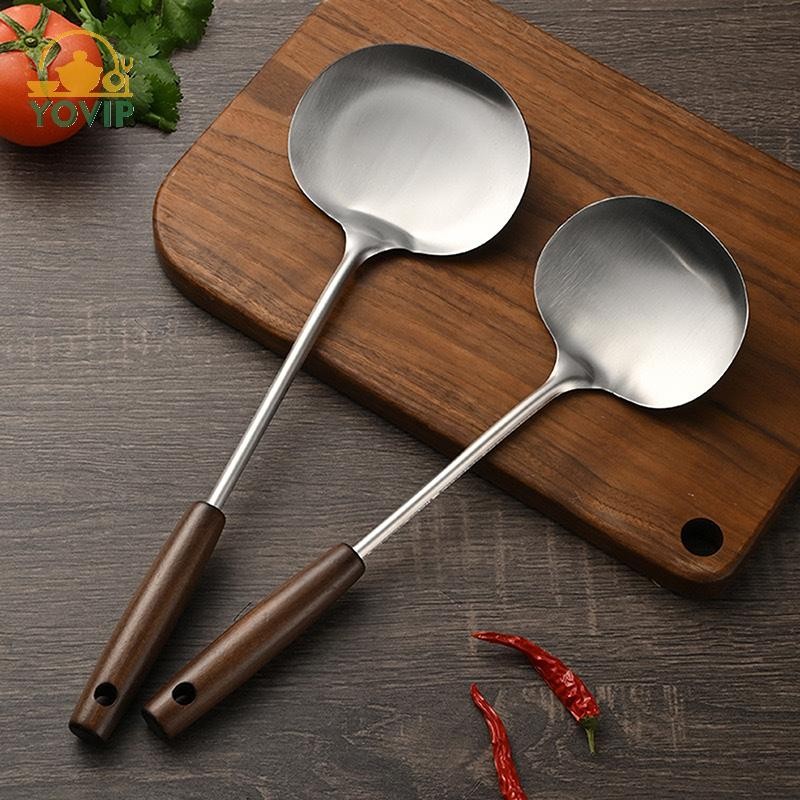 YOVIP Chảo Inox Thìa Nấu Ăn Cụ Thể Đầu Bếp Bằng Gỗ Tay Cầm Dài Nấm Xẻng Nhà Bếp Dụng Cụ Nấu Ăn VN