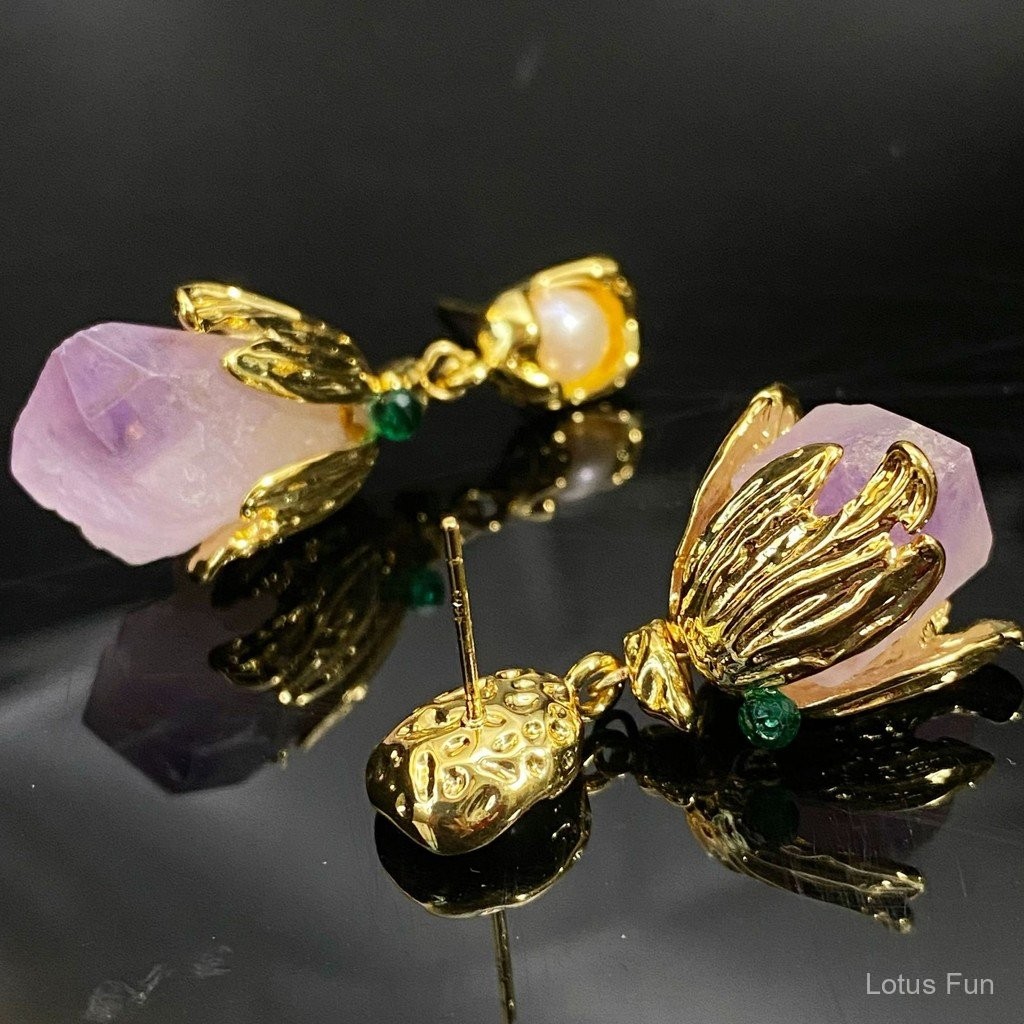 Mạ đồng bông tai vàng 18K với pha lê hình trái cây và hoa oải hương - Tinh tế ngọt ngào dành cho các cô gái