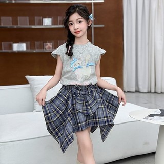 Set Áo Thun Mèo Dễ Thương + Váy Kẻ Sành Điệu Cho Bé Gái – Phong Cách Hàn Quốc