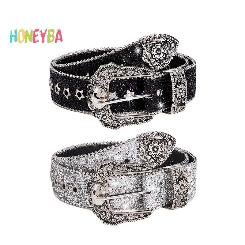 < Honeyba > Thắt lưng đính đá Gothic cá tính dành cho nữ Thắt lưng da thời trang bé gái Western Cowboy Y2K Retro Jeans Váy trang trí Thắt lưng