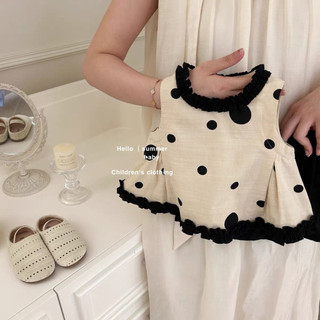 Mùa Hè Bé Gái Chấm Bi Ngọt Ngào Bộ Áo Trẻ Em Vải Lanh Cotton Phiên Bản Hàn Quốc Áo Thun Không Tay + Quần Short Bộ Hai Mảnh Dễ Thương
