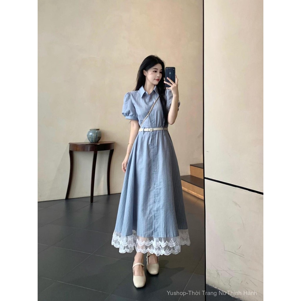 [YU]Đầm ngắn tay cổ polo phong cách Pháp, viền ren duyên dáng, ôm eo, dáng váy thanh lịch.