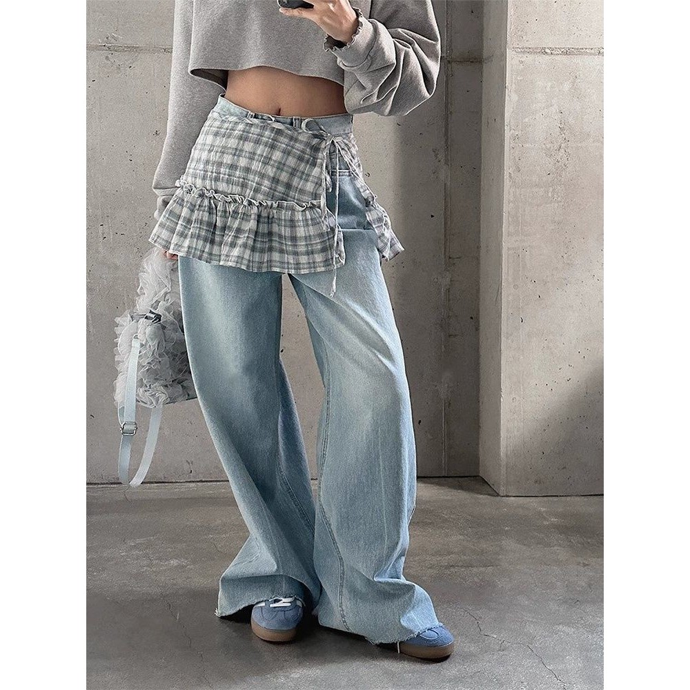 Milyfashion Kẻ Sọc Mông Rèm Phong Cách Mới Xám Xanh Ẩn Đáy Quần Bên Ren Kẻ Sọc Dưới Thân Váy Lớp Quần Áo Nữ