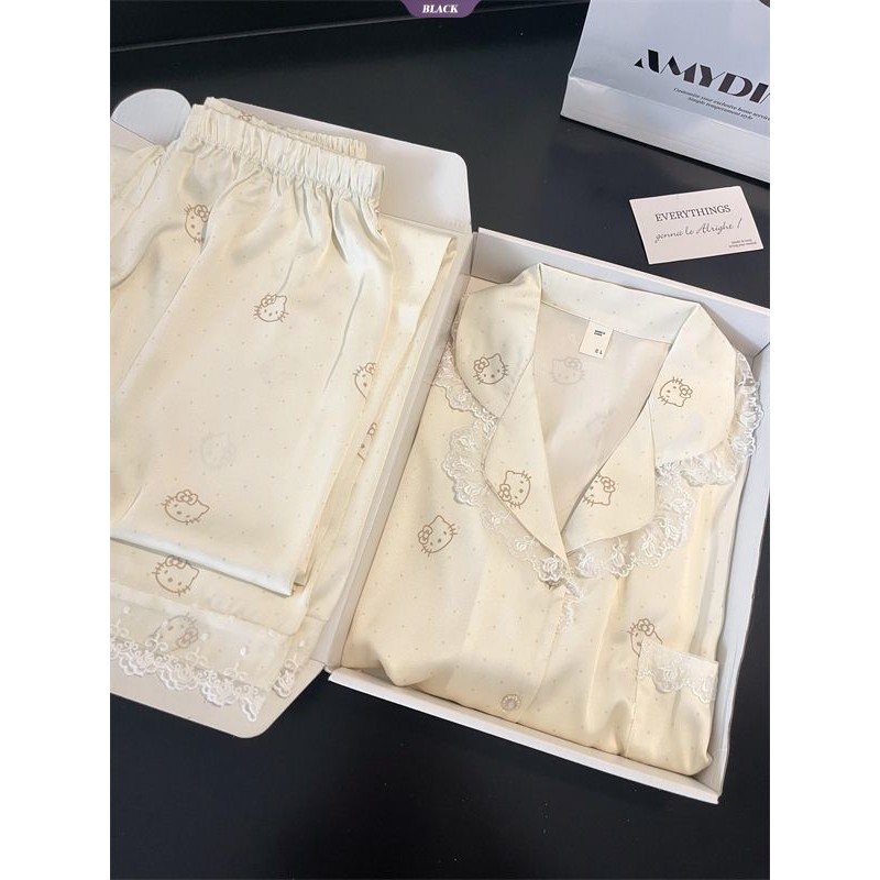 Bộ Đồ Ngủ Nữ Xuân Thu Hello Kitty Ren Dài Tay - Phong Cách Ins