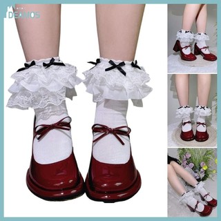 DE Vớ mắt cá nữ chất liệu cotton, thiết kế ren và ruffles viền, thêm phần xinh đẹp với nơ.