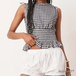 Áo Tank Kẻ Sọc Nữ Mùa Hè Không Tay Smocked Slim Fit Xù Vest