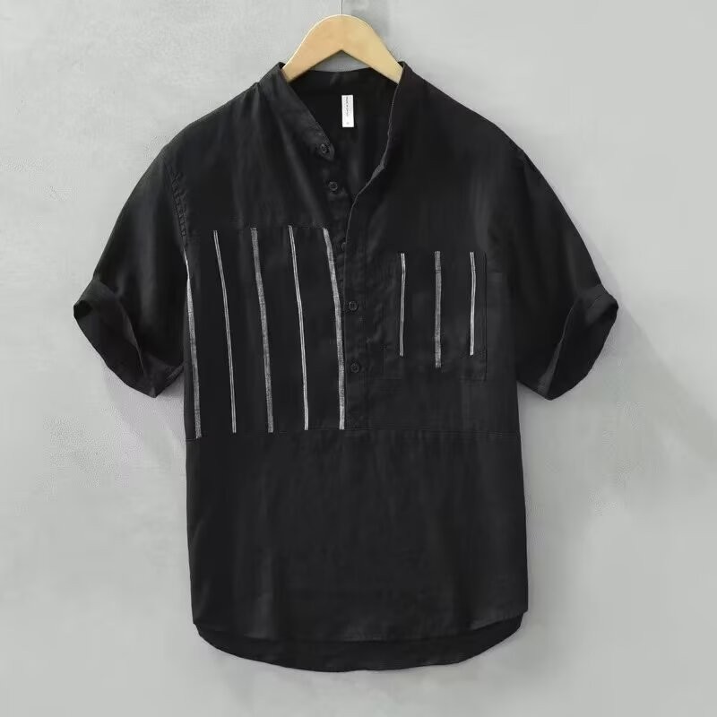 VG Áo sơ mi tay ngắn unisex phong cách Nhật Bản, chất liệu vải lanh thoáng mát, phù hợp mặc hàng ngày mùa hè