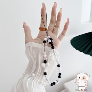 【Chamvn】Dây đeo điện thoại đính hạt đen trắng hình trái tim chữ cái chống rơi Ốp lưng điện thoại chống mất