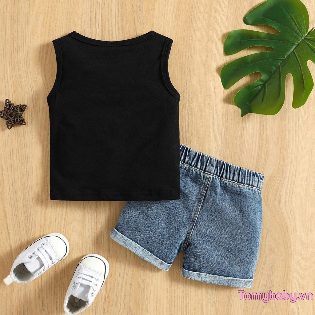 Bộ trang phục mùa hè cho bé trai cổ tròn không tay in chữ + Bộ quần short Denim rách