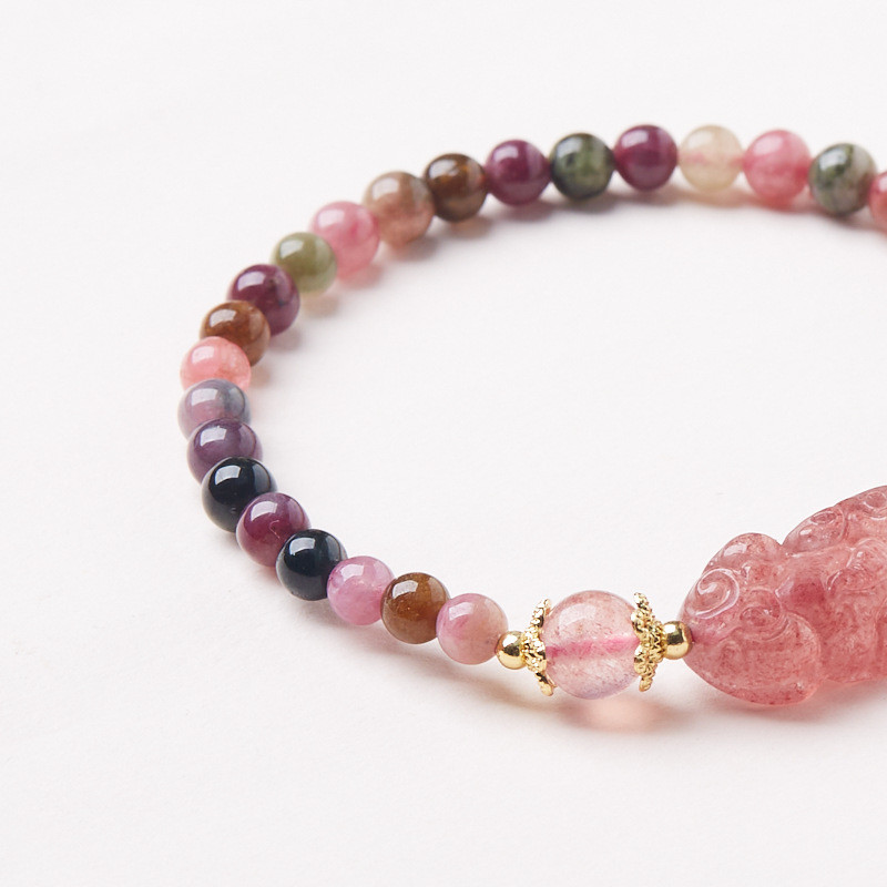 Tự Nhiên Cầu Vồng Tourmaline Vòng Tay Hồng Pixiu Chúc May Mắn Vòng Tay Nữ Bảy Màu Phong Cách Quốc Gia Mới Vòng Tay