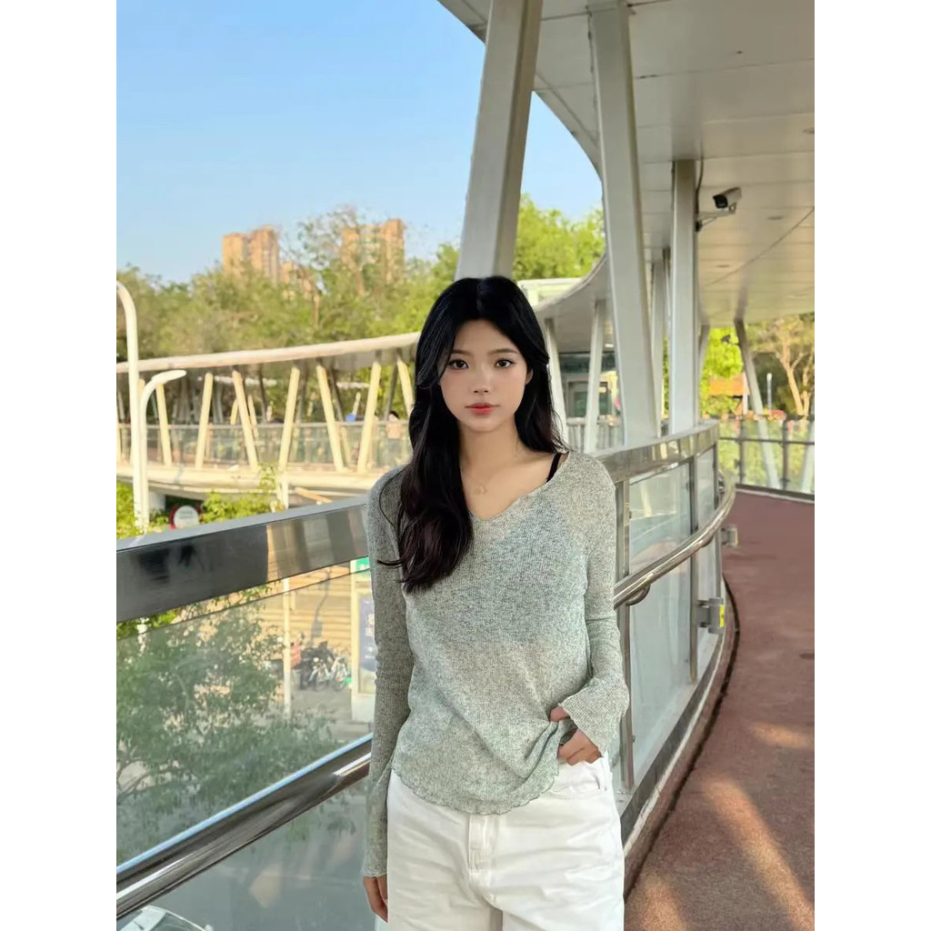 Milyfashion Cổ Chữ V Mỏng Dài Tay T Mùa Hè Rời Hơi Trong Suốt Chống Nắng Dệt Kim Áo