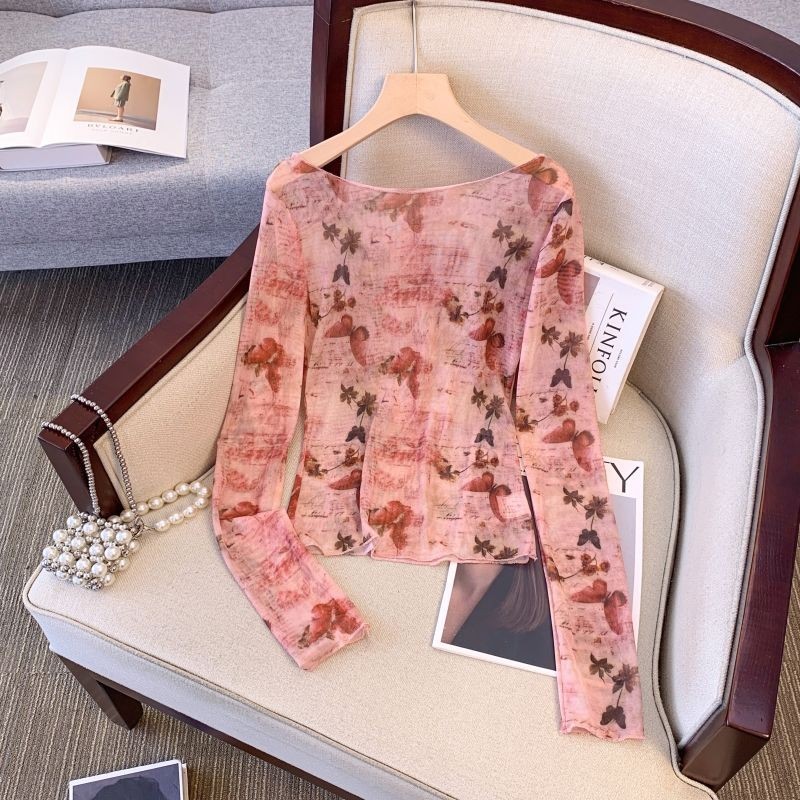 Milyfashion  Mesh Tie-Dye Printing  off-Shoulder T  Summer  Slim Fit  Chic Long Sleeve Sun Protection