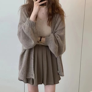 Suxi Đơn Giản Màu Trơn Rời Ngọt Ngào Retro Áo Len Cổ Nữ Trung Đến Dài Dệt Kim Cardigan 240714