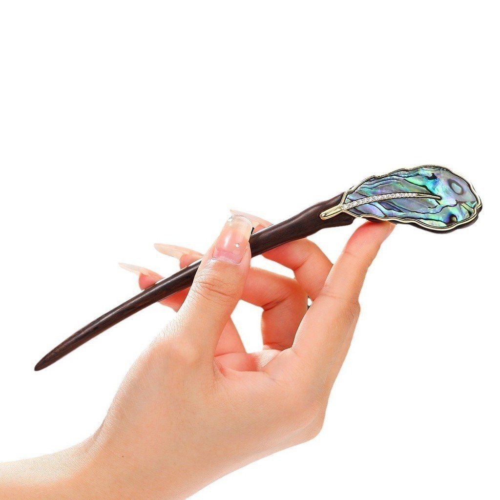 Kẹp tóc gỗ đàn hương đen phong cách Trung Quốc cổ, màu vỏ sò, cài tóc Hán phục, phụ kiện sườn xám