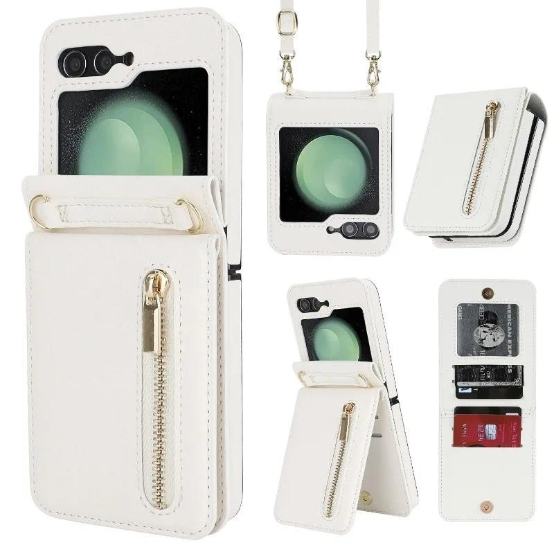 Ví dây kéo đeo chéo có ngăn đựng thẻ Vỏ điện thoại cho Samsung Galaxy Z Flip 6 5 4 3 Flip6 Flip5 Flip4 Flip3 5G Bao da