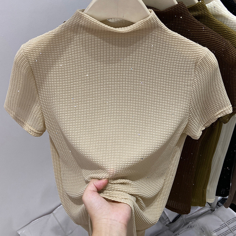 Milyfashion Size Lớn Ôm Hơn Nhìn Nửa Cổ Cao Tay Ngắn Sequined Áo Thun Mùa Hè Phong Cách Mới Phù Hợp Với Da Hàng Đầu