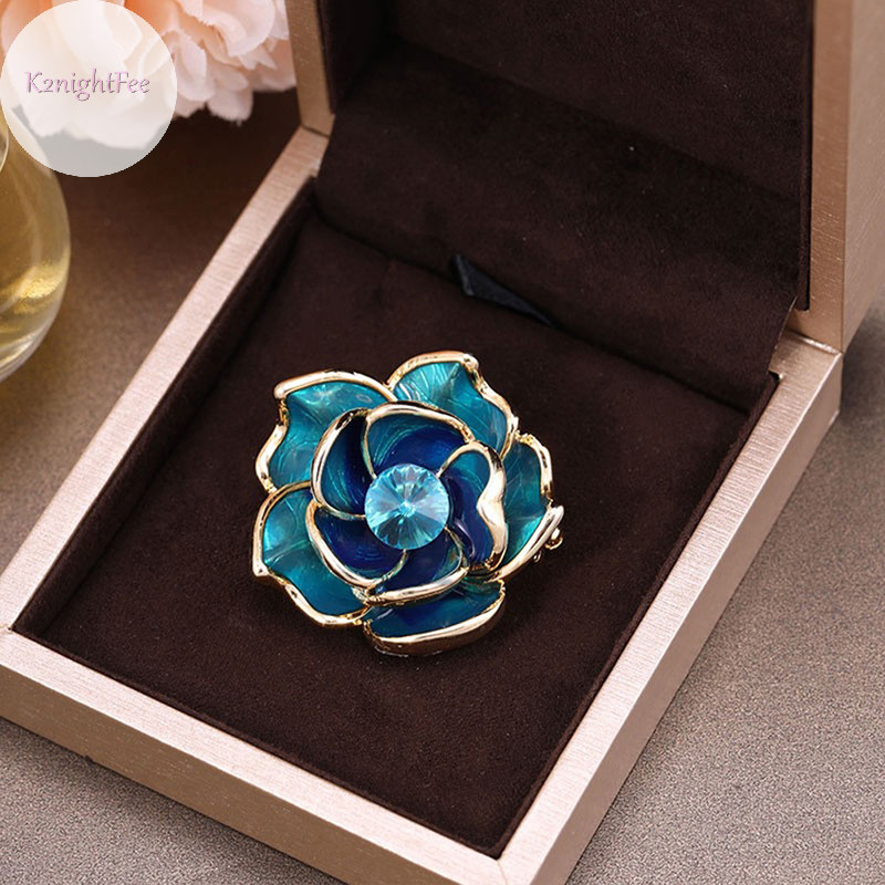 K2nightfee Xanh Kim Cương Giả Hoa Camellia Trâm Cài Cho Nữ Men Pin Thanh Lịch Ve Áo Chân VN