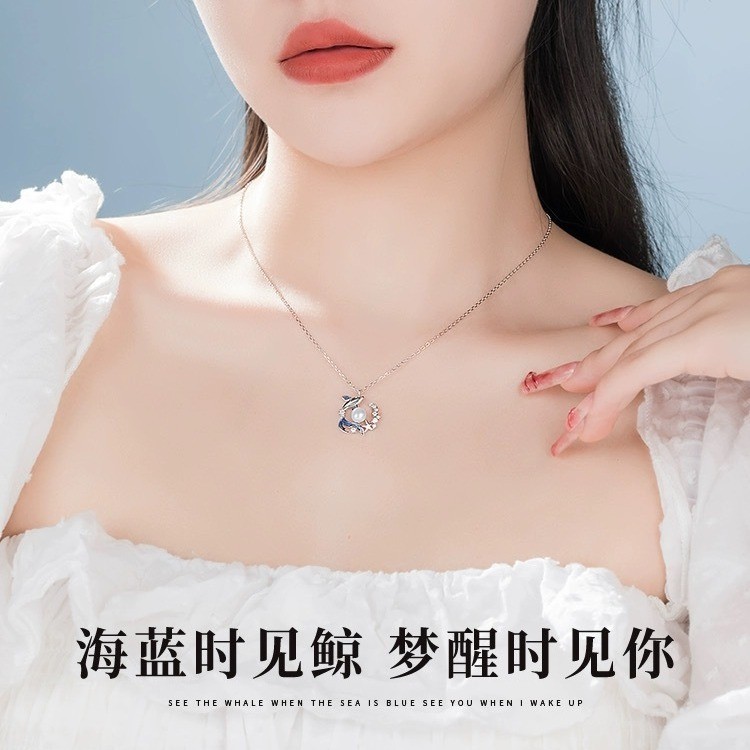 Thời Trang S925 Bạc Cá Voi Xanh Vòng Cổ Nữ Độc Đáo Giả Vỏ Hạt Mặt Dây Chuyền Quà Tặng Sinh Nhật