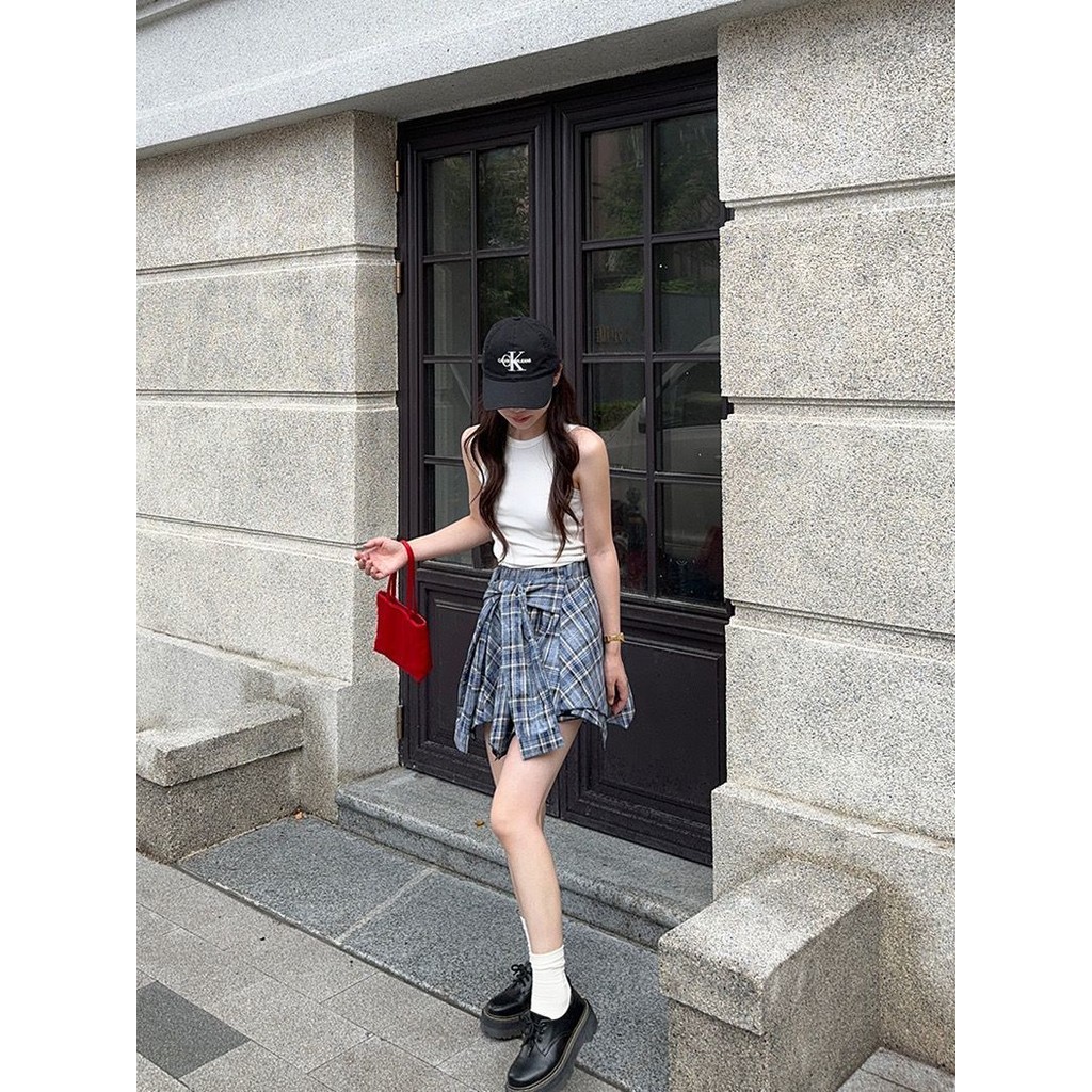 Milyfashion  Irregular Contrast Color Lace-up Design Skirt for Women Summer2024New High Waist Fat Cover Slimming Versatile Short Skirt