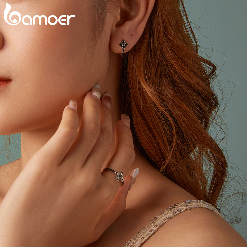 Bamoer 925 Sterling Sliver Nhẫn Hoa Đen Trang Sức Thời Trang Quà Tặng Cho Nữ