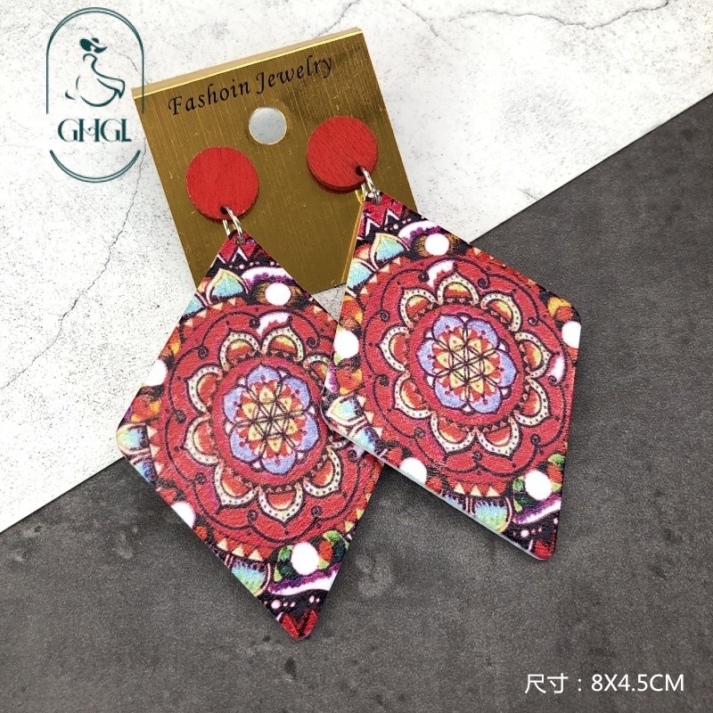 Bông tai gỗ Bohemian nguyên bản cho bé gái, hình học in phóng đại, phù hợp kỳ nghỉ, sang trọng