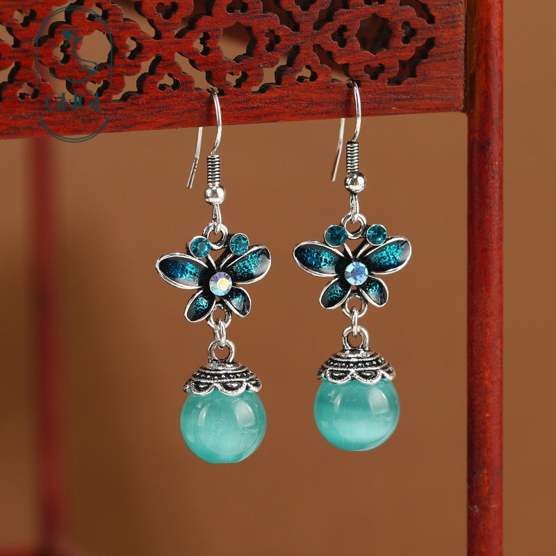 [Ghgl] Hàng có sẵn hs Mới Phong Cách Trung Quốc Thiết Kế Ban Đầu Bông Tai Bướm Đơn Giản Retro Opal Bông Tai Phong Cách Dân Tộc Bông Tai Cổ Dài Nữ