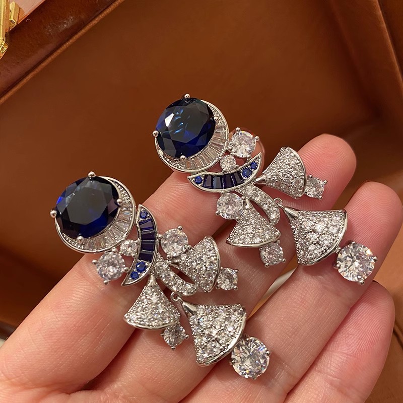 Sang Trọng Bạc 925 Kim Cương Xanh Zircon Bông Tai Hình Quạt Váy Tua Rua Bông Tai