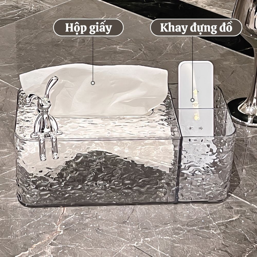 Hộp Đựng Khăn Giấy Vân Kim cương trong suốt kèm khay đựng đồ để bàn họa tiết thỏ sang trọng