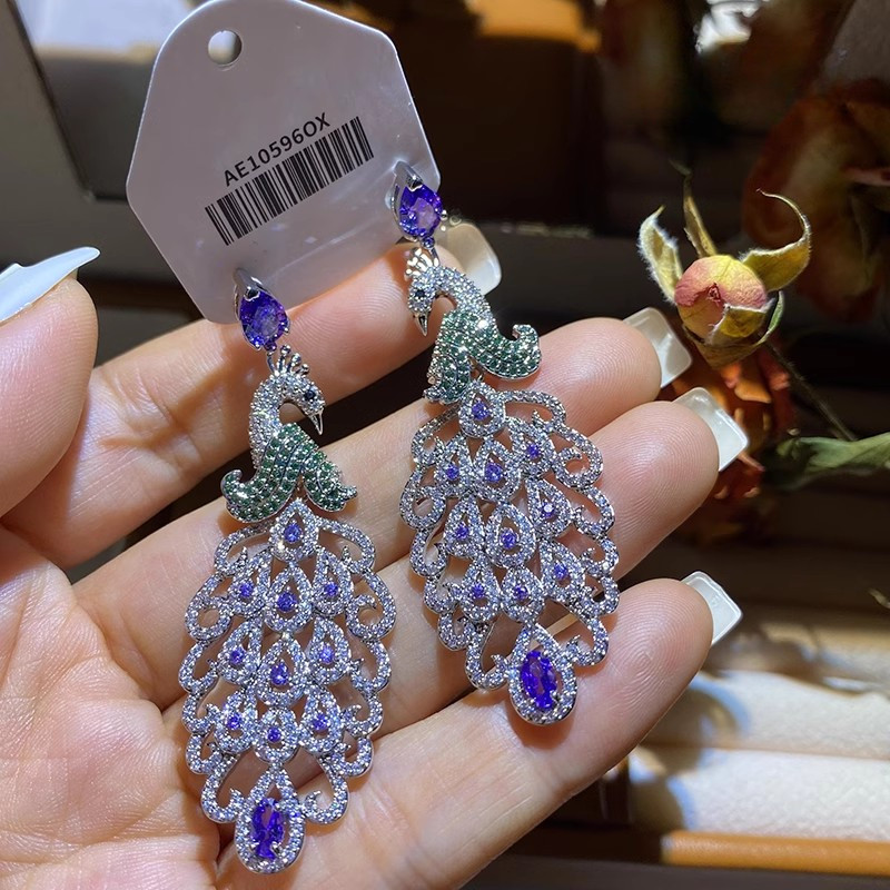 Phong Cách Mới Hình Con Công Zircon Thời Trang Ánh Sáng Bông Tai Sang Trọng s925 Bạc Kim Bông Tai Tinh Tế