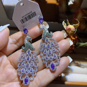 Phong Cách Mới Hình Con Công Zircon Thời Trang Ánh Sáng Bông Tai Sang Trọng s925 Bạc Kim Bông Tai Tinh Tế
