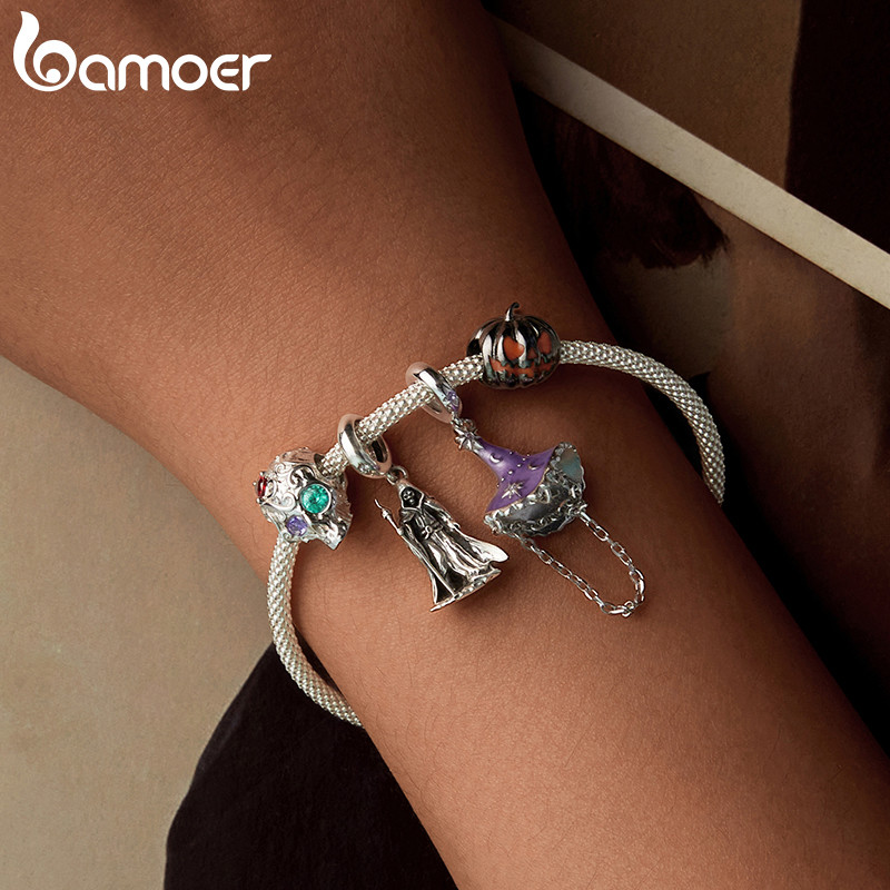 Bamoer 925 Sterling Sliver Charm Halloween Phát Sáng Trong Bóng Tối Họa Tiết Đầu Lâu Bí Ngô Cho Vòng Tay
