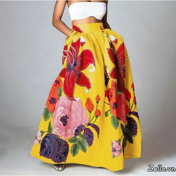 Váy dài nữ Bohemian in hoa túi dáng rộng vừa vặn eo co giãn Váy phồng