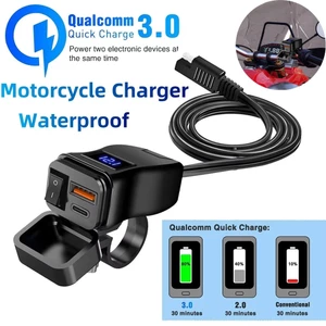 Bộ sạc xe máy QC3.0 USB kép Bộ sạc nhanh Bộ chuyển đổi nguồn Ổ cắm có công tắc Vôn kế kỹ thuật số chống nước Phụ kiện Moto