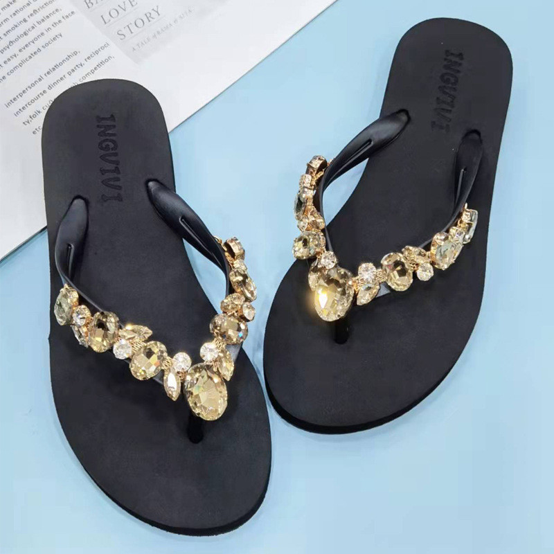 Dép Sandal Đi Biển Thời Trang Mùa Hè Dép: Kim Cương Giả Nữ Đế Bằng Flip-Flops Thiết Kế Bên Ngoài Mặc Thường Ngày Chống Trơn Trượt Dép Mùa Hè